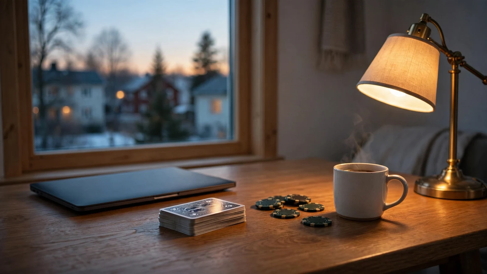 Skandinaviskt hemmakontor med stängd laptop, spelkort och casinomarker
