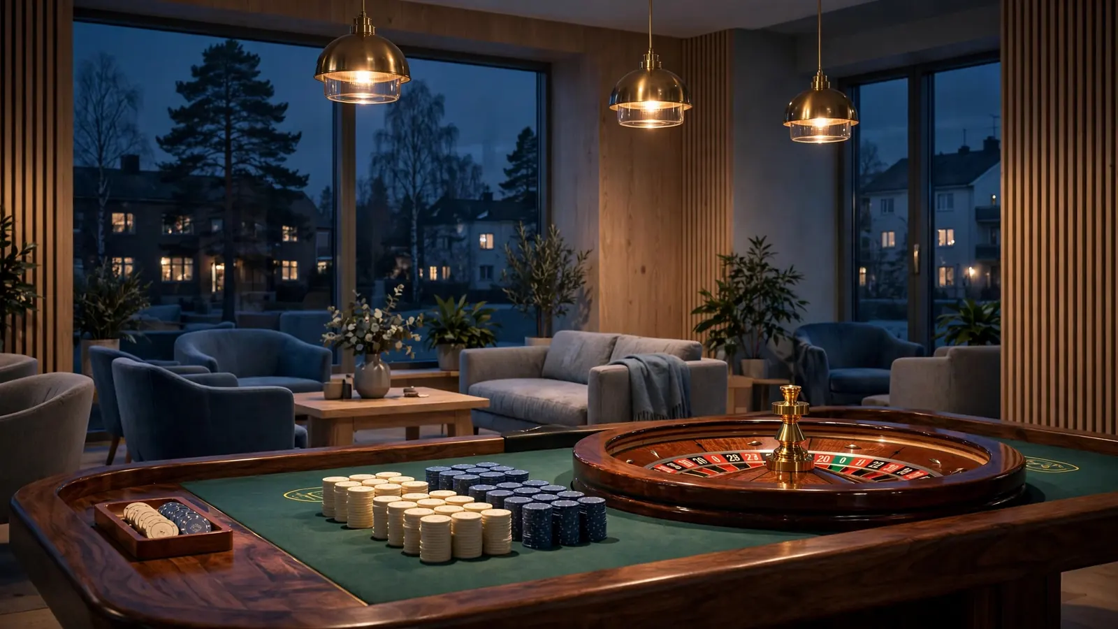 Elegant skandinavisk casinohörna med roulettebord och marker