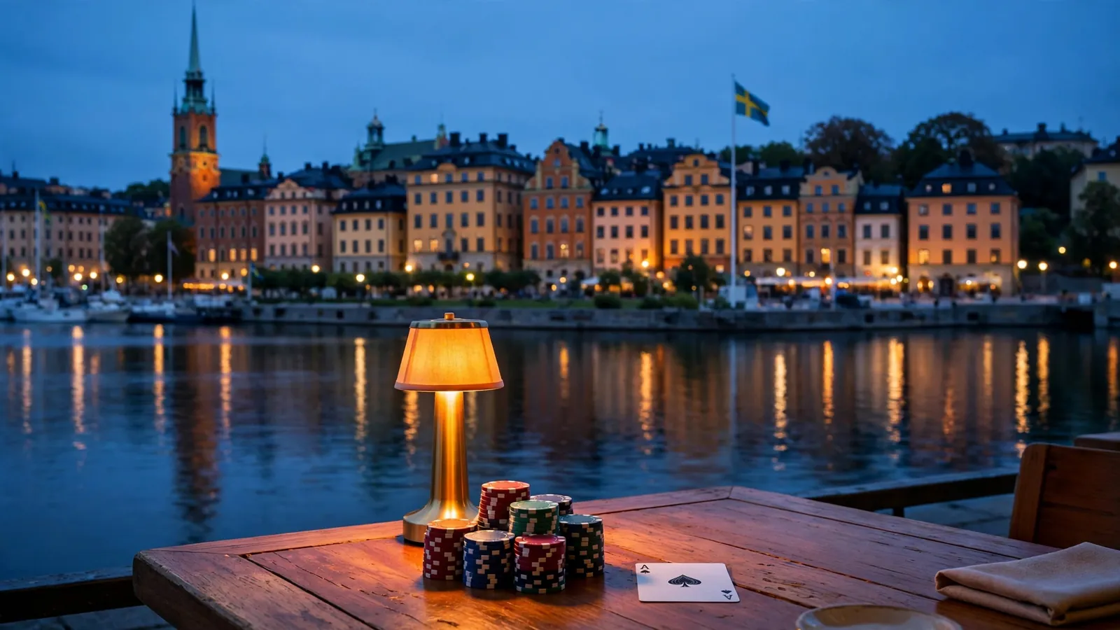 Stockholms vattensilhuett i skymningen med casinomarker och svensk flagga