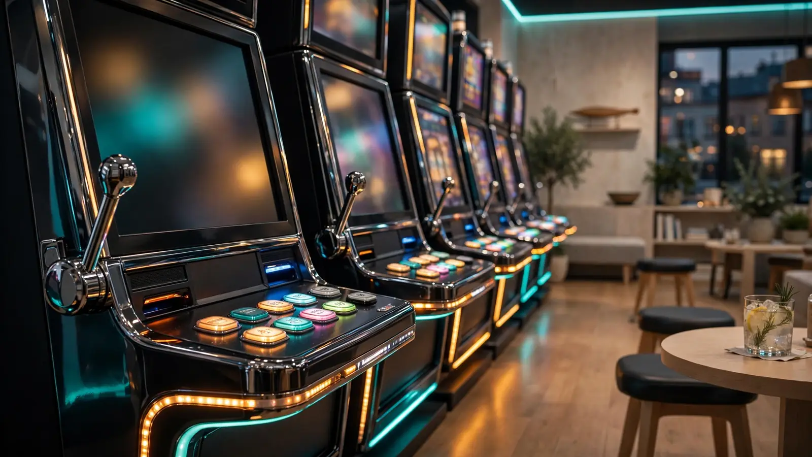 Stämningsfullt svenskt spelrum med rader av moderna spelautomater i varm belysning