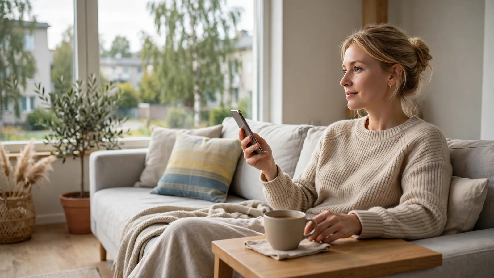 Kvinna sitter i soffan med smartphone och kaffekopp