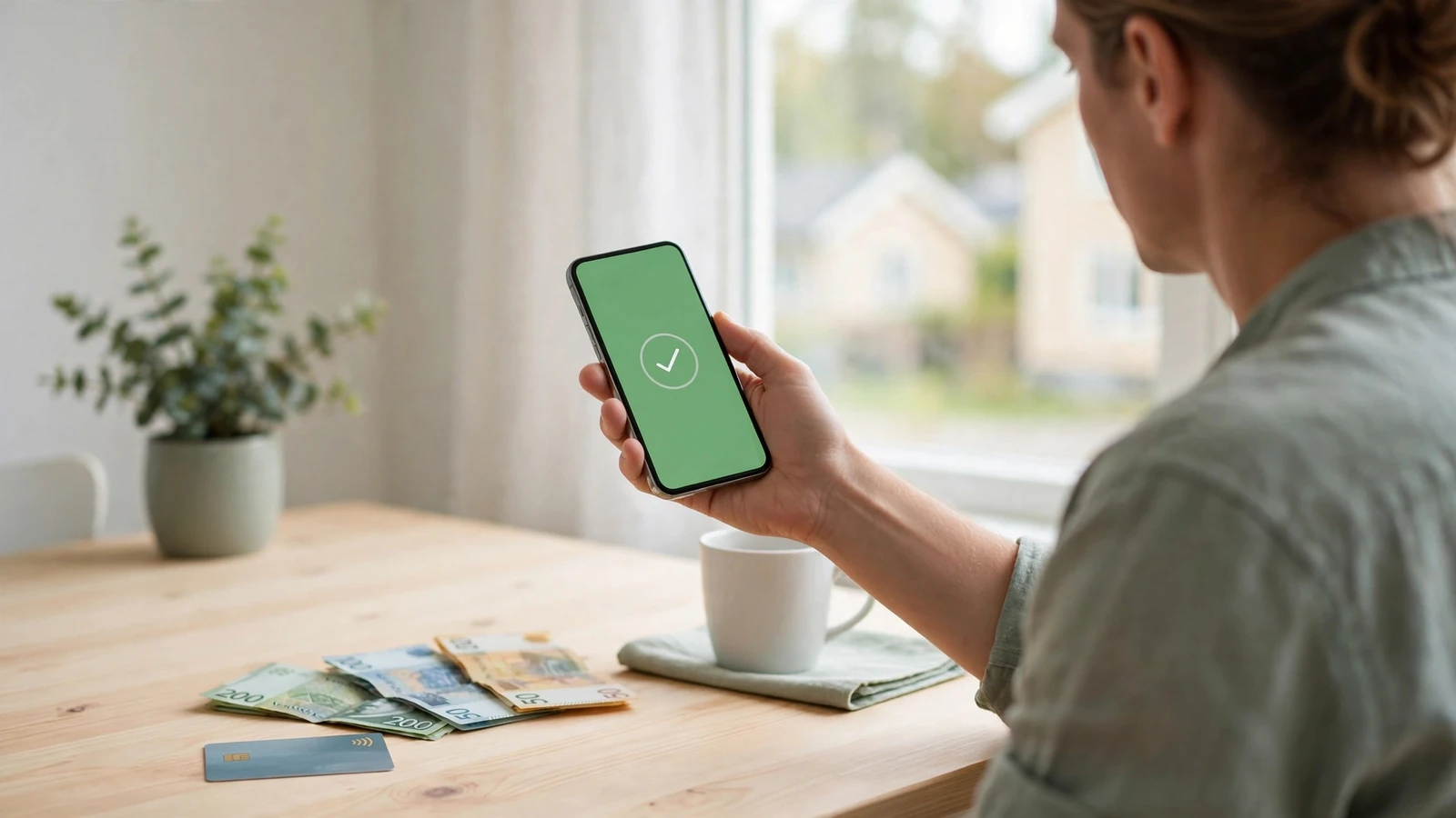 Person som betalar med mobilen vid ett svenskt köksbord