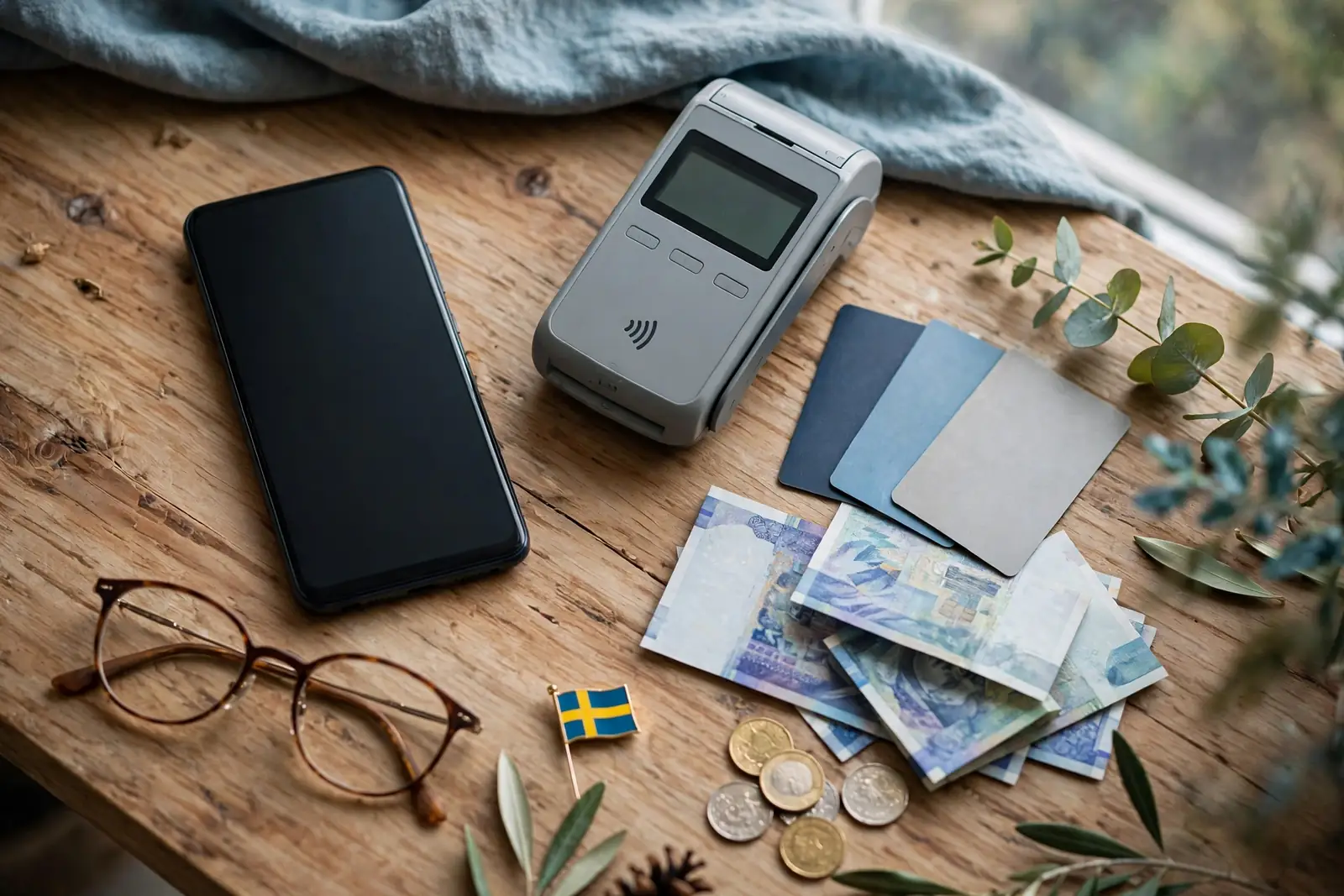 Bord med svensk telefon, betalterminal, bankkort och kronor