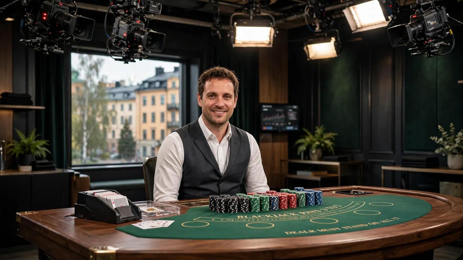 Live dealer blackjack studio med croupier och spelbord