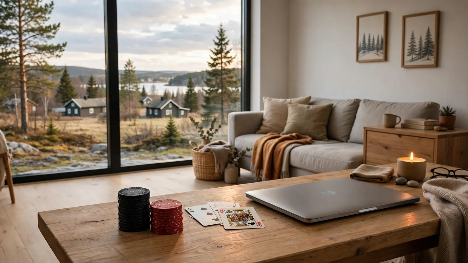 Scandinavisk vardagsrum med casinomarker och spelkort på bordet