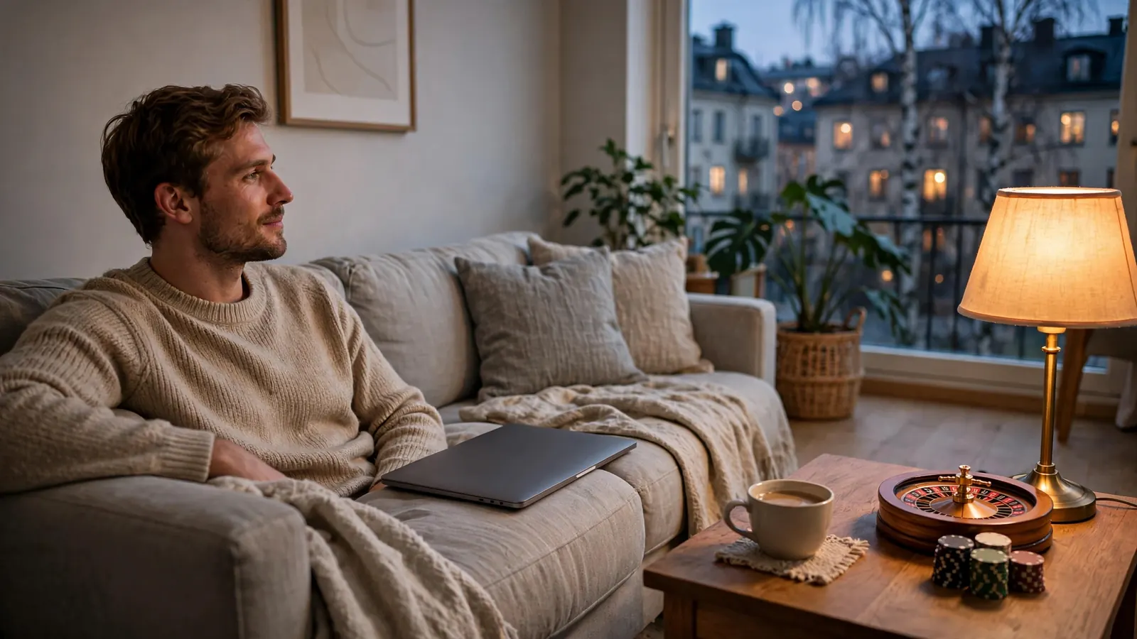 Person i modern svensk lägenhet med stängd laptop och casinomarker