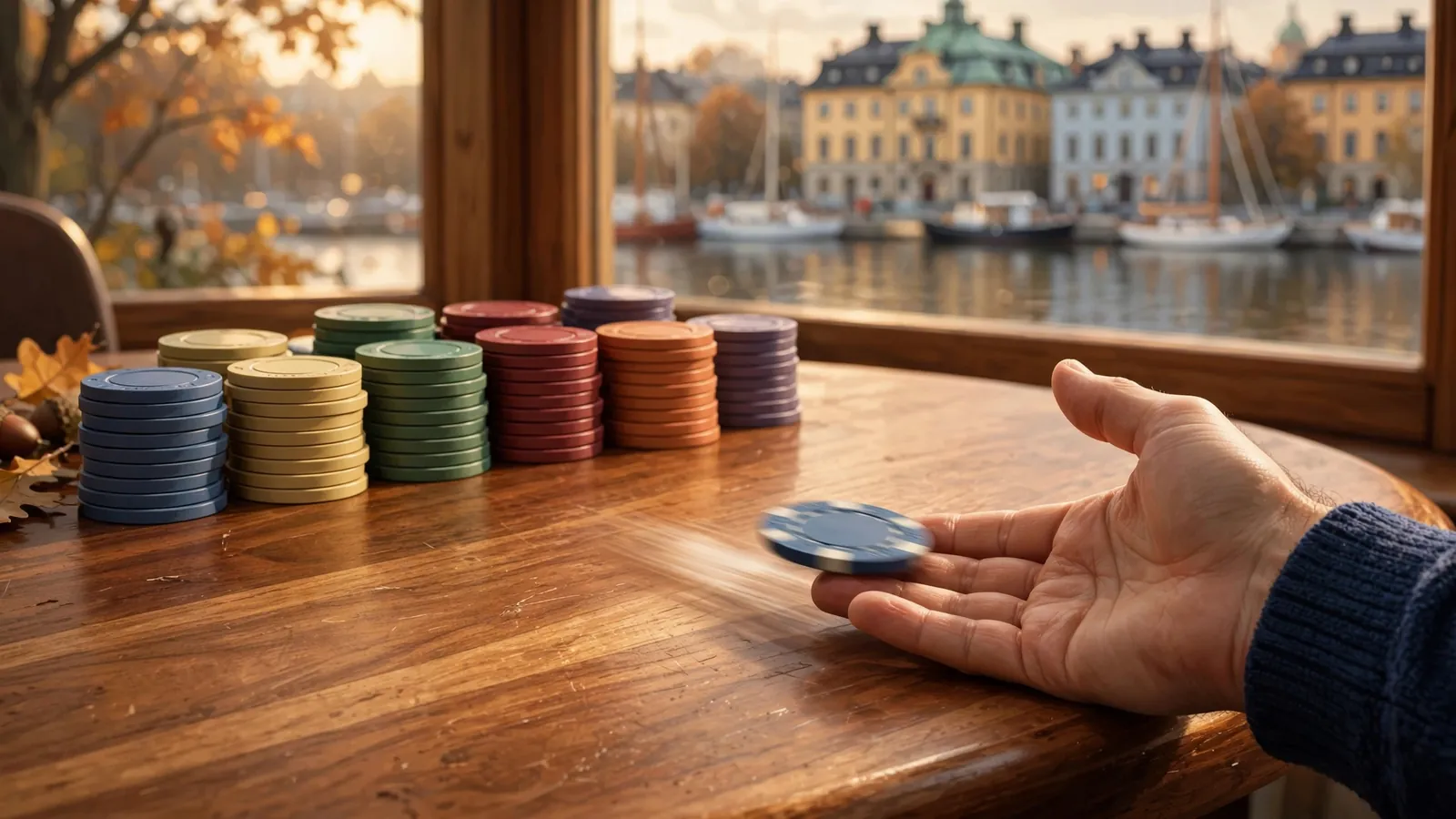 Casinochippar som glider tillbaka över ett bord med svensk utsikt