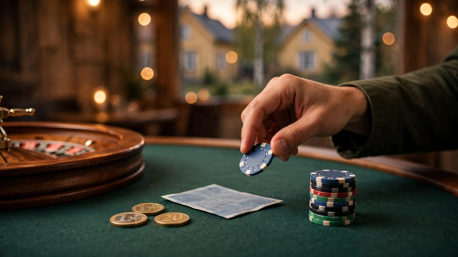 Svenska kronor och euromynt på ett casinobord med roulette och marker