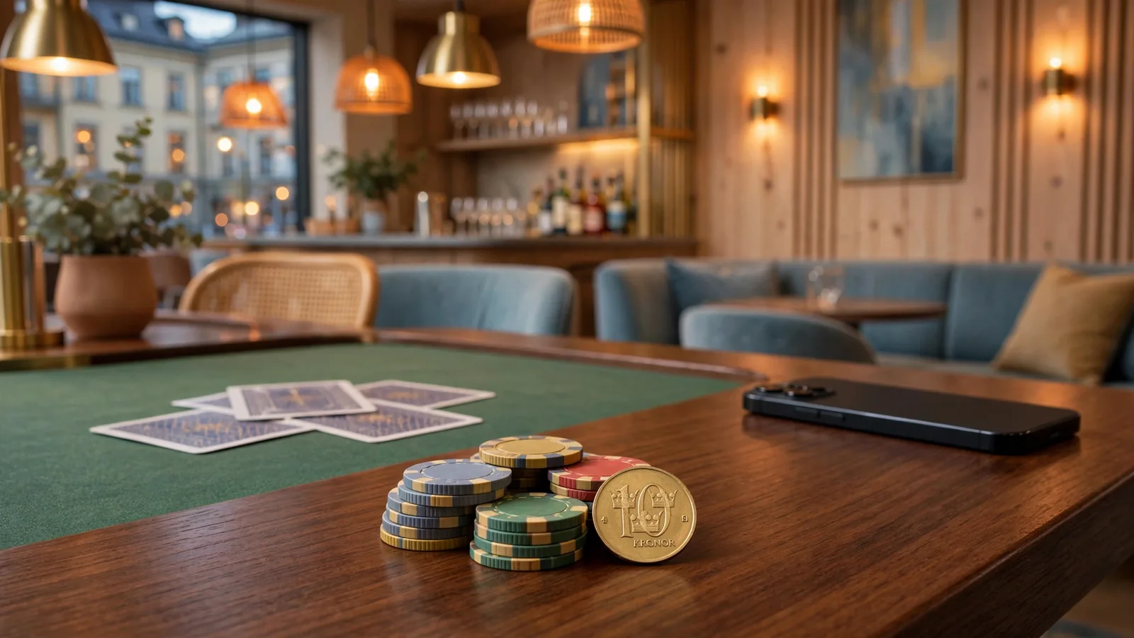 Svensk casinomiljö med 10-kronors mynt och marker på ett grönt bord