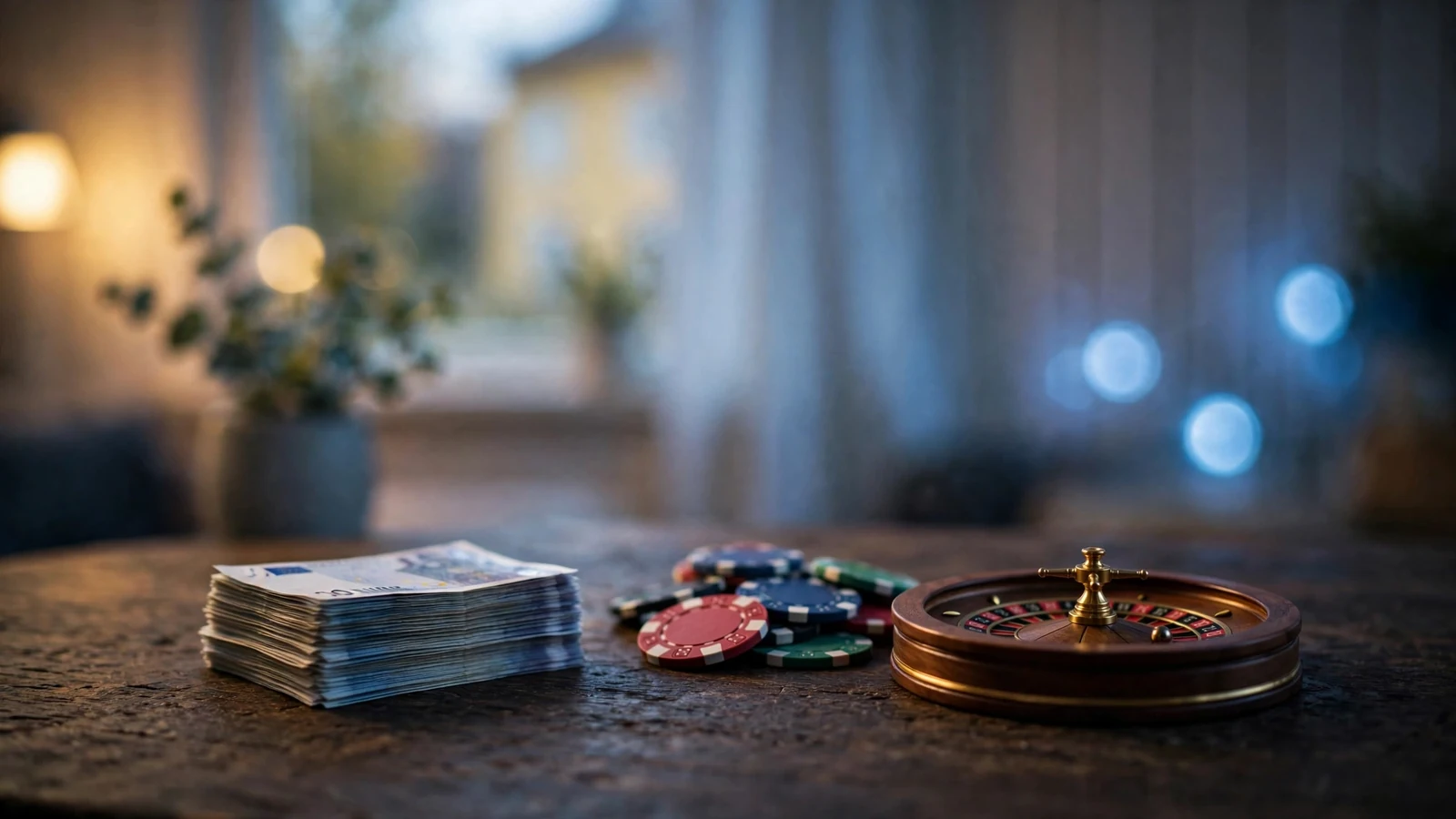 Euronsedlar och casinokMarker på ett träbord med roulette i Sverige.