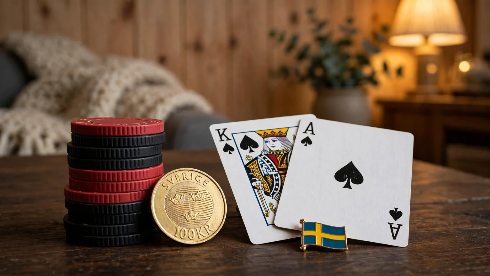 Casinomarker, spelkort och ett guldmynt på ett träbord i svensk inredning