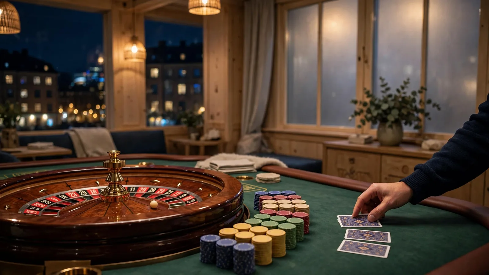 Ett svenskt casinogolv med roulettebord och insatsmarker i dämpat ljus