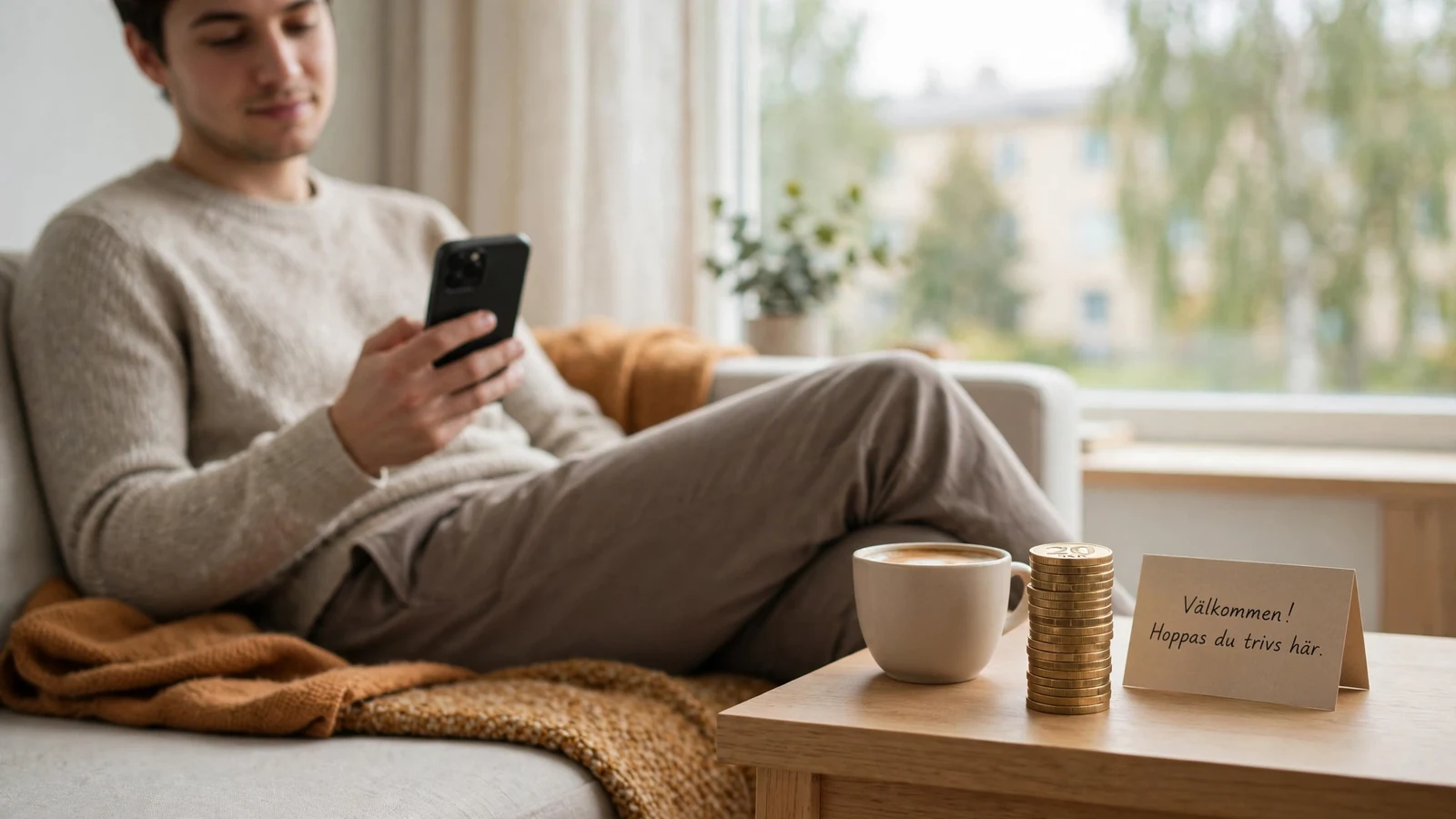 Person i svensk vardagsrum med mobil och 20 kronor mynt