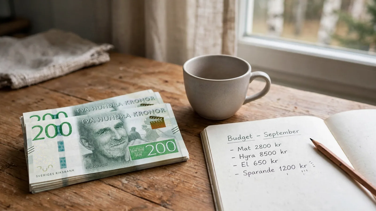 Tvåhundrakronorssedlar på ett träbord bredvid en kaffekopp.