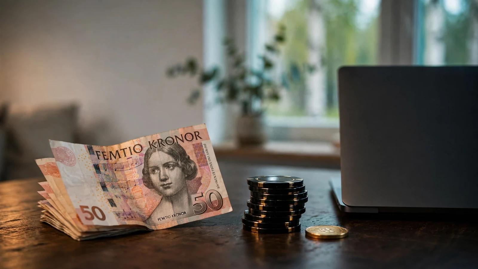 Svensk 50-kronorssedel bredvid casinotärningar och marker på bord