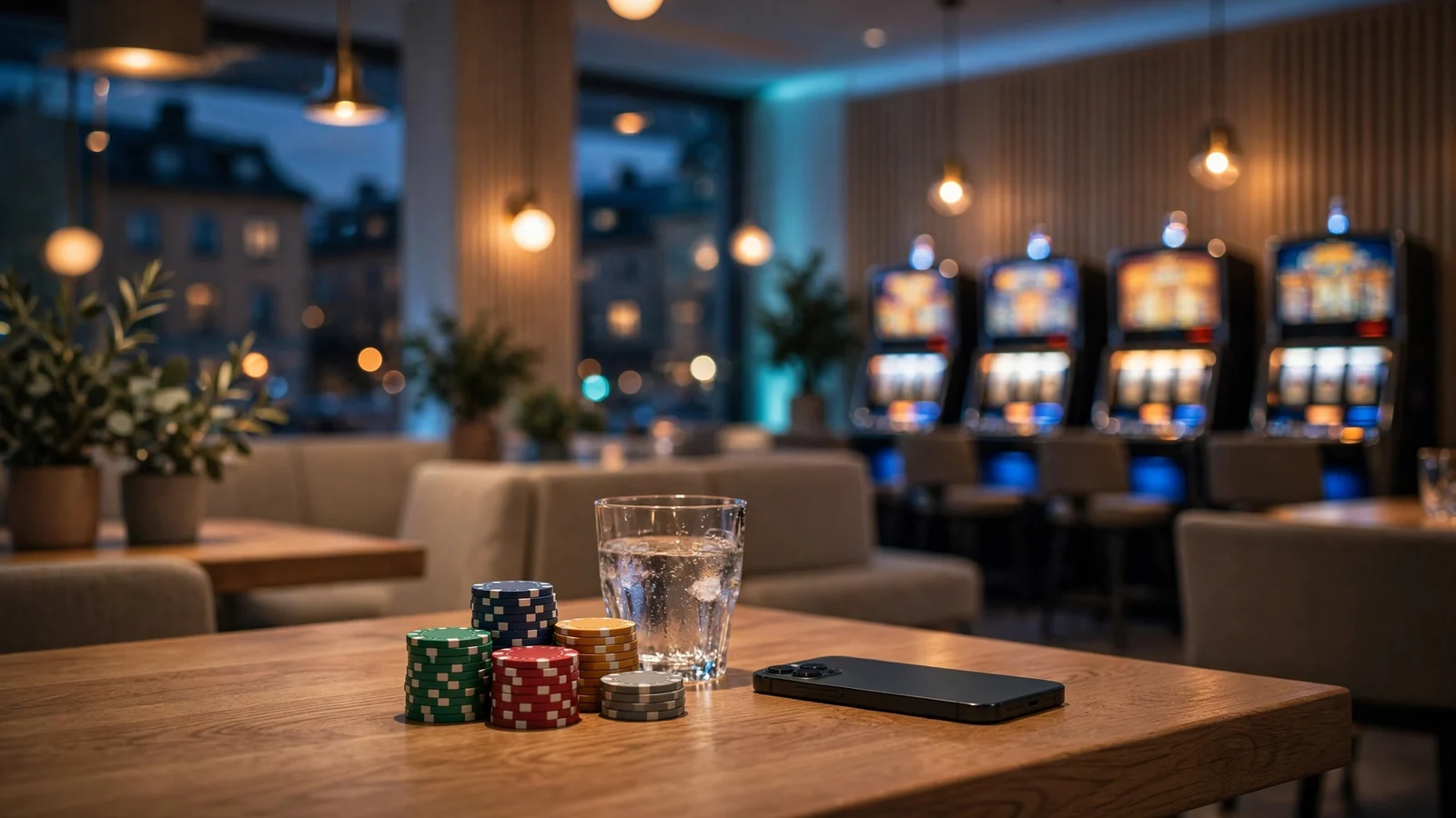 Elegant svenskt casinorum med marker, telefon och stämningsfull belysning