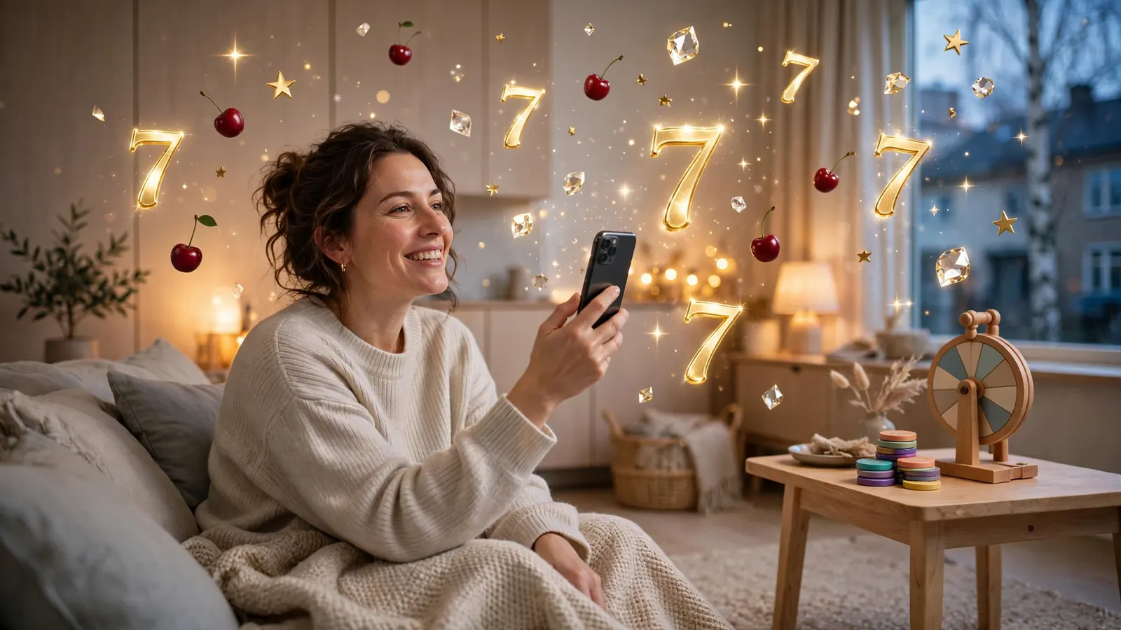 Person i modernt svenskt vardagsrum med casinotema och färgglada snurrsymboler omkring
