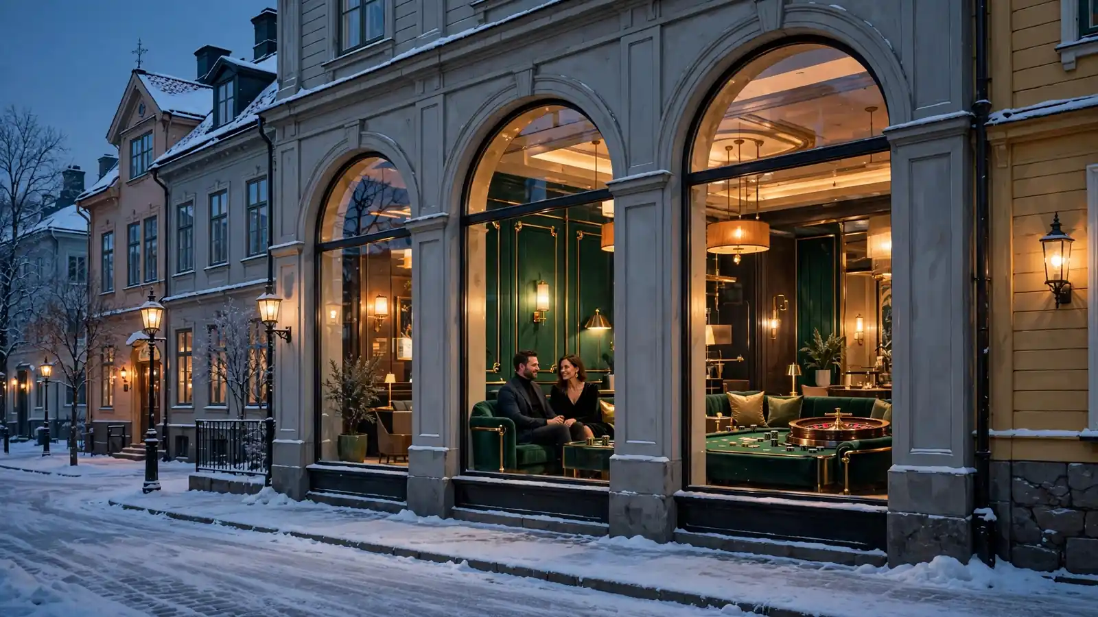 Elegant casino lounge med roulettehjul och guldbelysning i vinter-Sverige