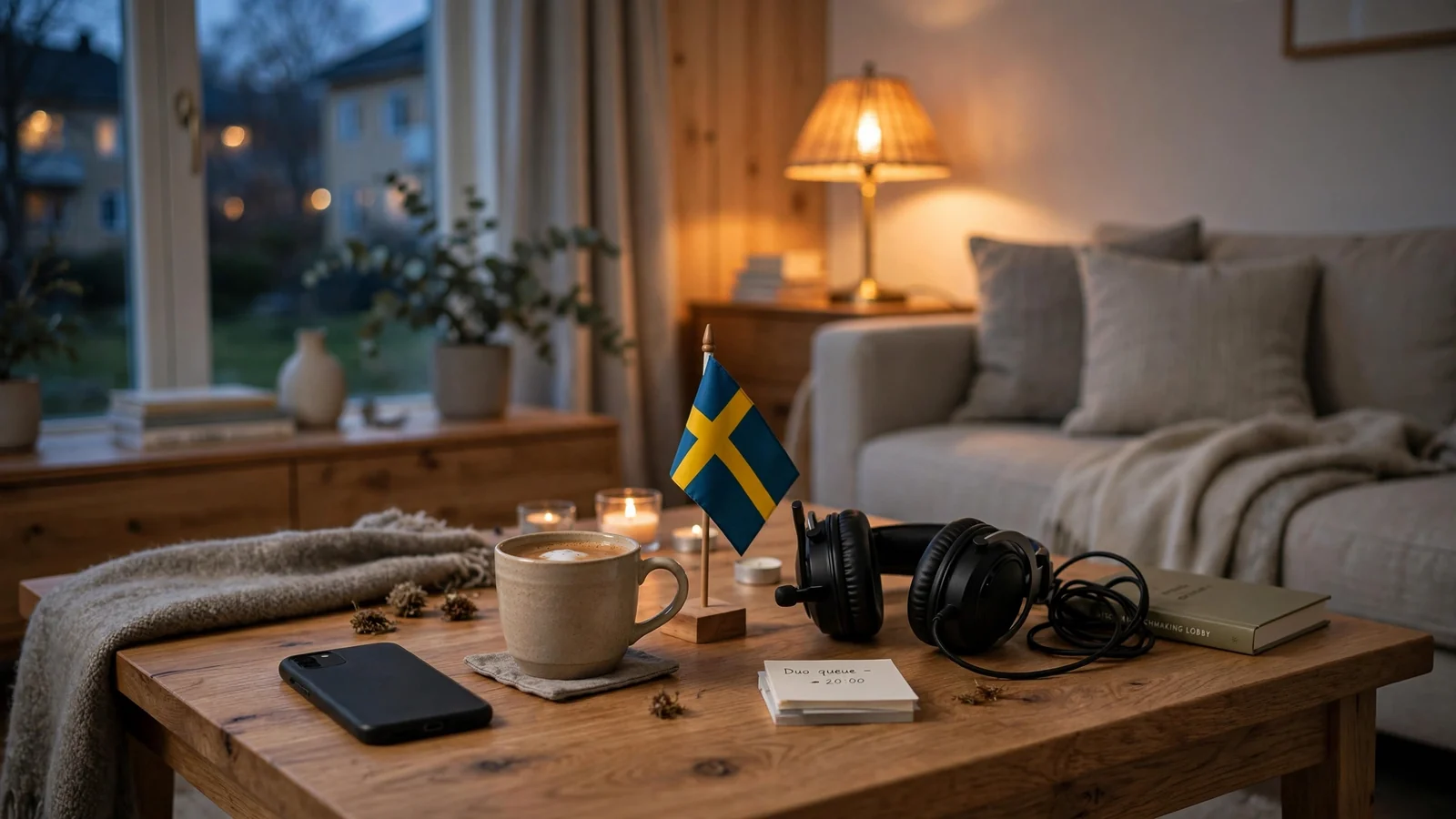 Mysigt vardagsrum i Sverige med telefon och kaffe på bordet