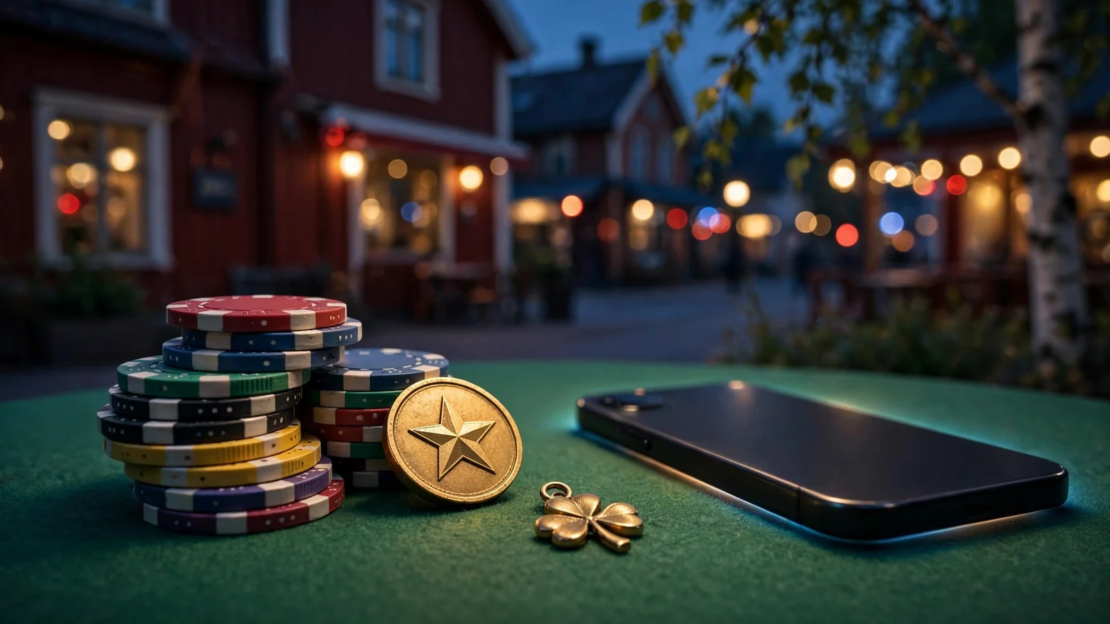 Färgglada casinotokens och ett guldmynt på ett grönt bord