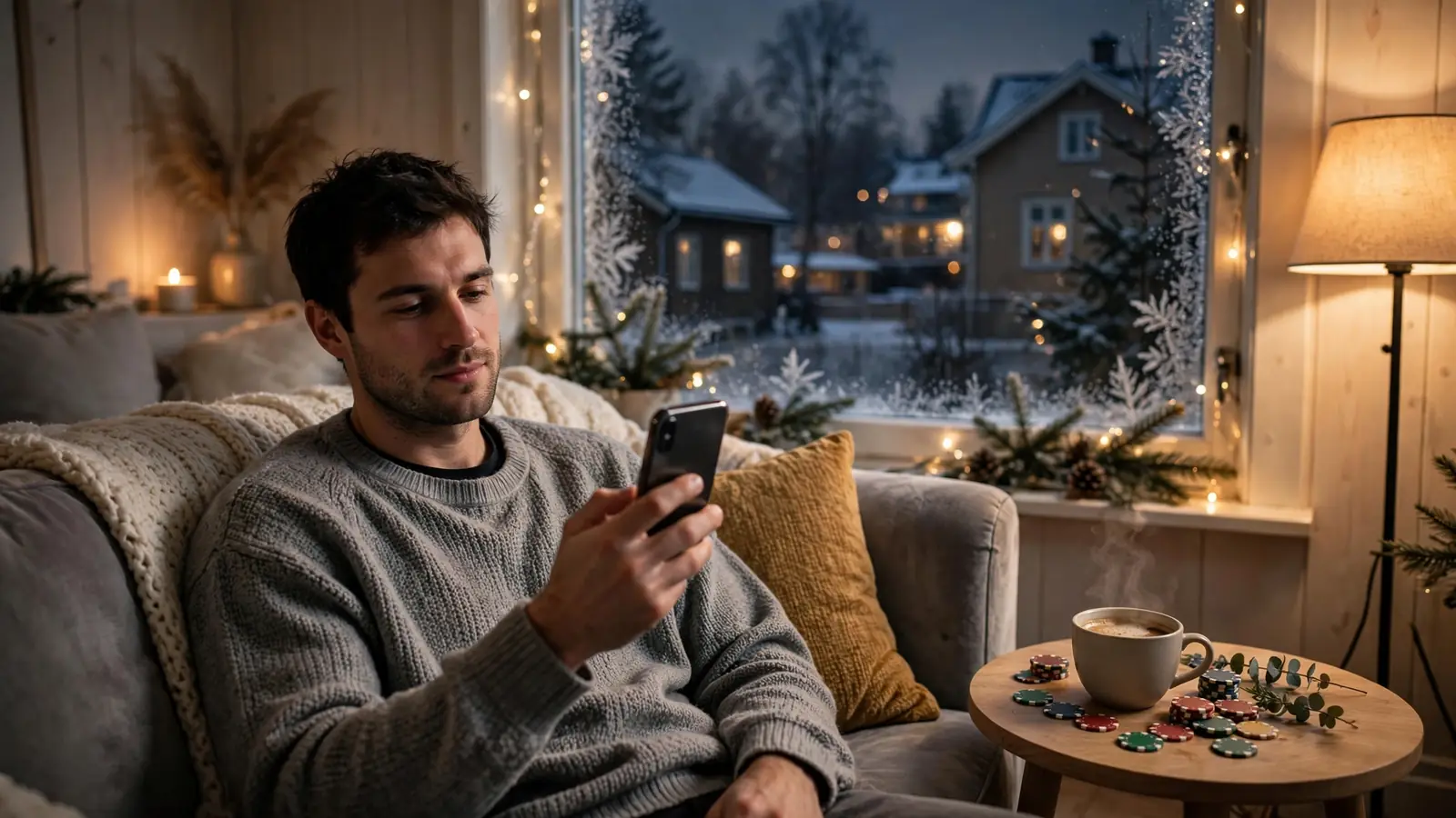 Person i svenskt vardagsrum med mobil och casinomarker bredvid