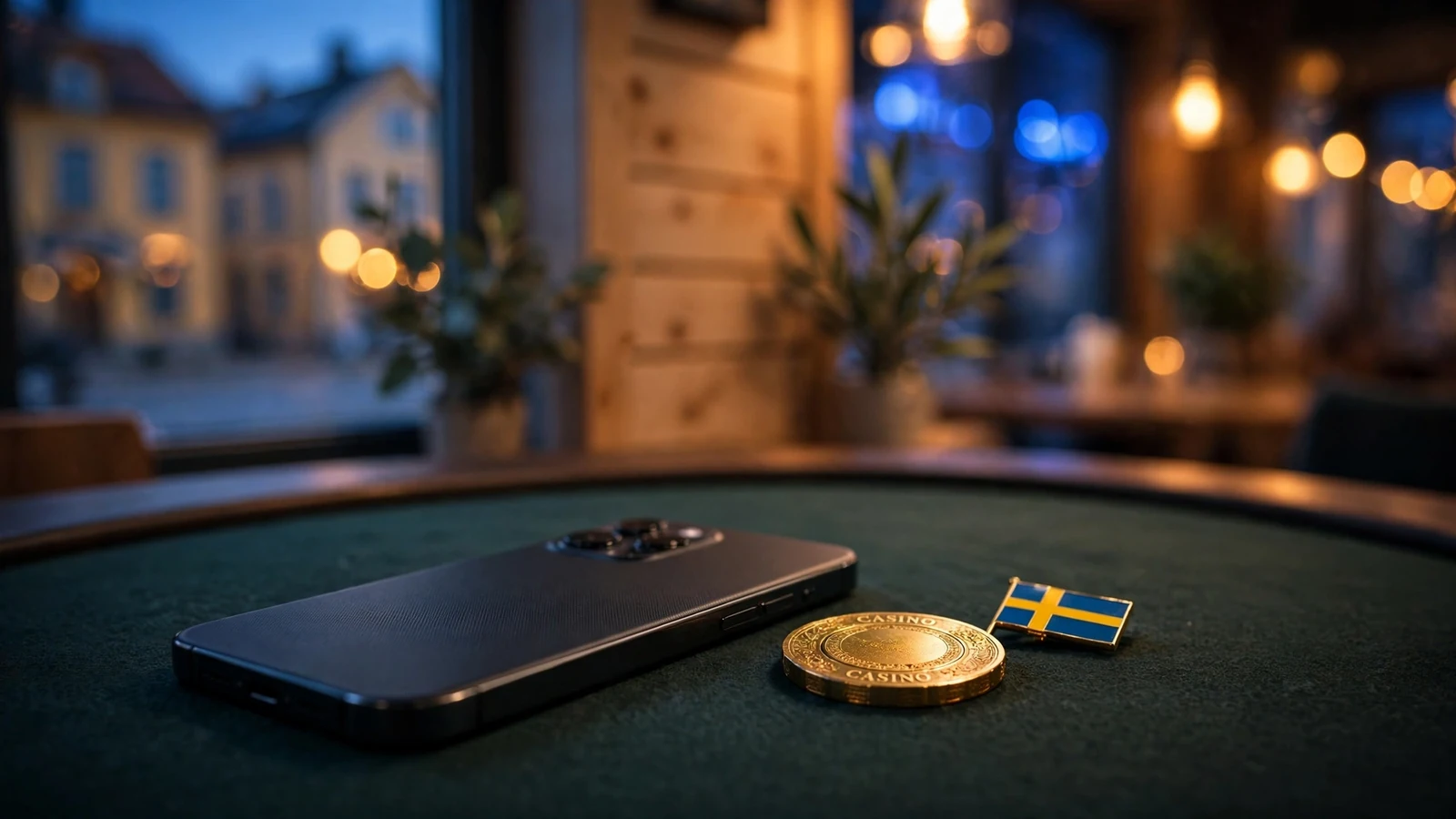 Modern telefon på casinobord med gul spelmarker och svensk flagga