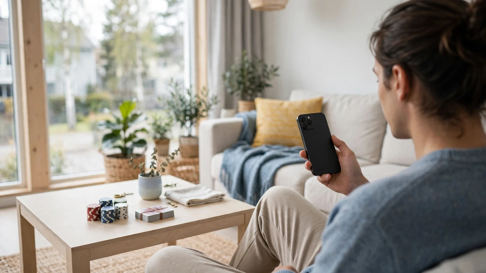 Person med mobiltelefon i skandinavisk inredning med spelmarker och kort på bordet