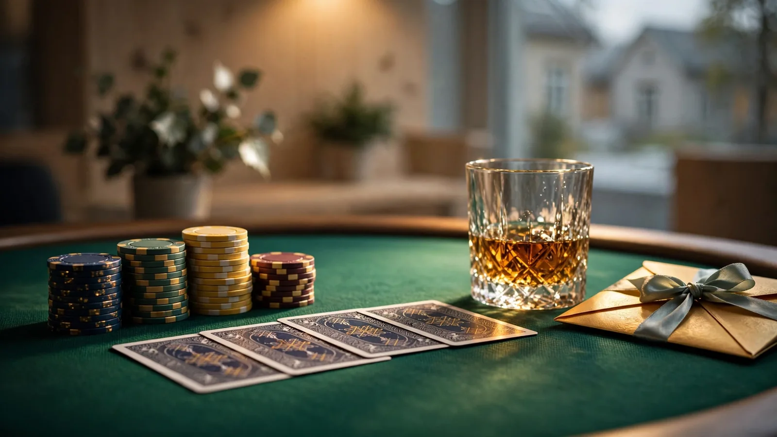 Lyxigt casinobord med färgglada marker, nedåtvända kort och ett gyllene kuvert