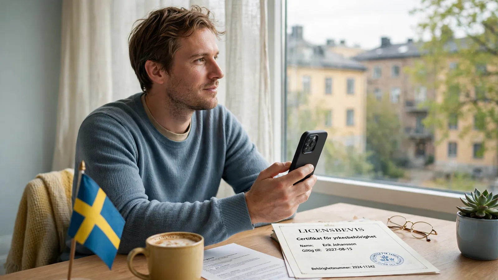 Svensk man vid skrivbord med mobiltelefon och licensdokument, tryggt casinospel