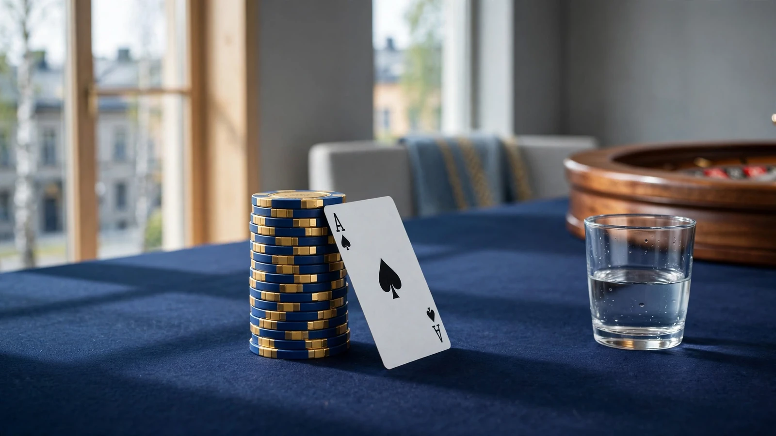 Casinomarker i blått och guld, ett ess och ett roulettehjul i en minimalistisk skandinavisk spelmiljö