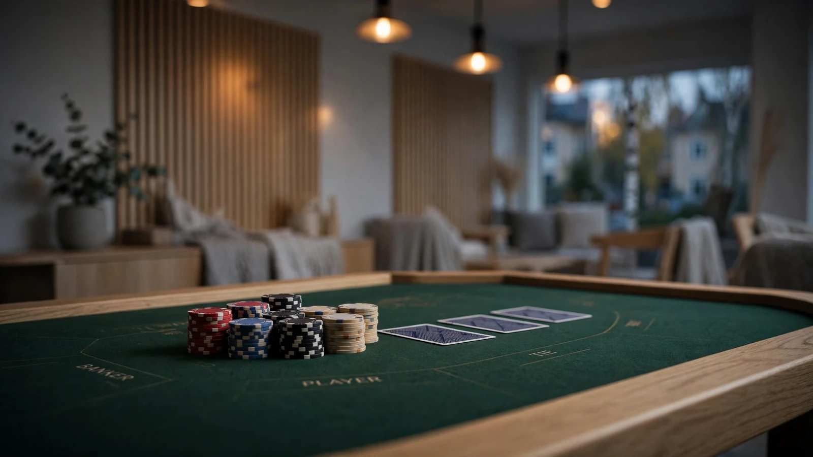 Elegant baccaratbord med marker och kort i en svensk casinohörna