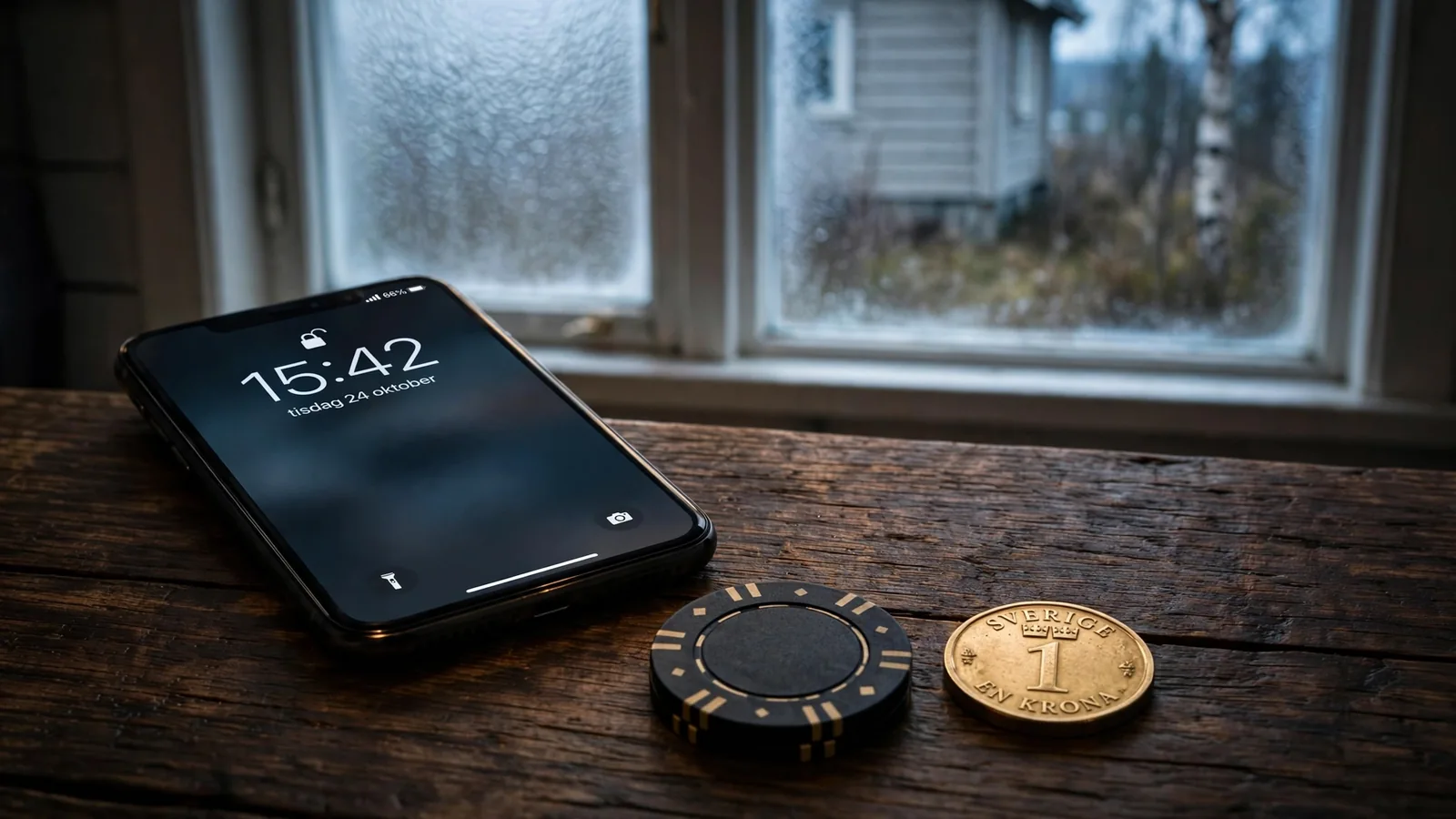 Smarttelefon med BankID bredvid svenska mynt och casinotillbehör