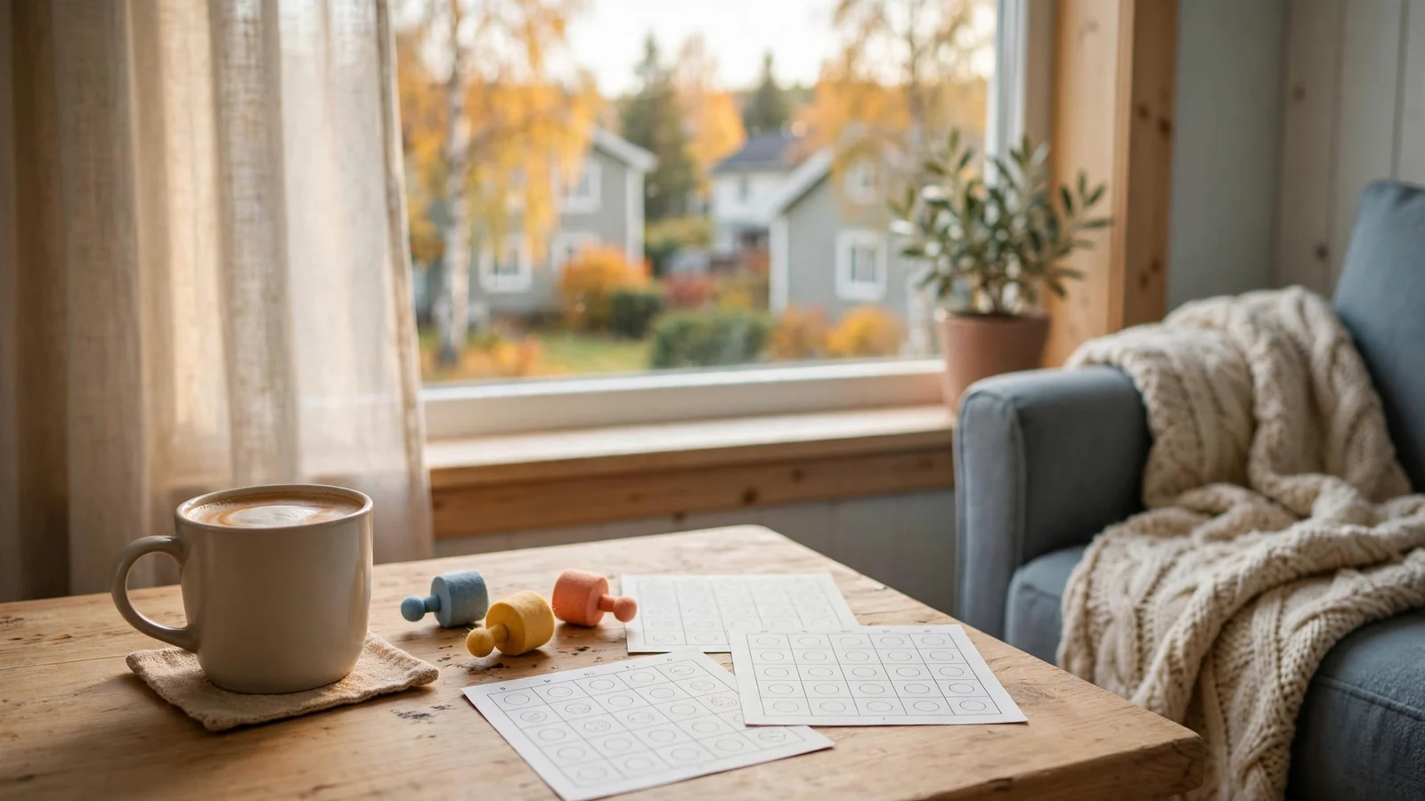 Bingo-brickor och färgade dabbers på ett mysigt svenskt vardagsrumsbord