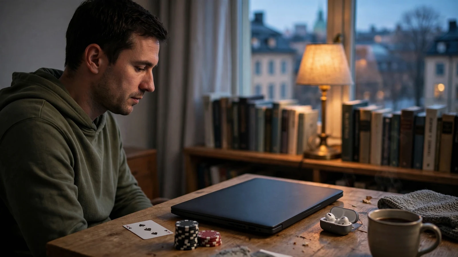 Svensk spelare vid skrivbord med casinotema och stängd laptop
