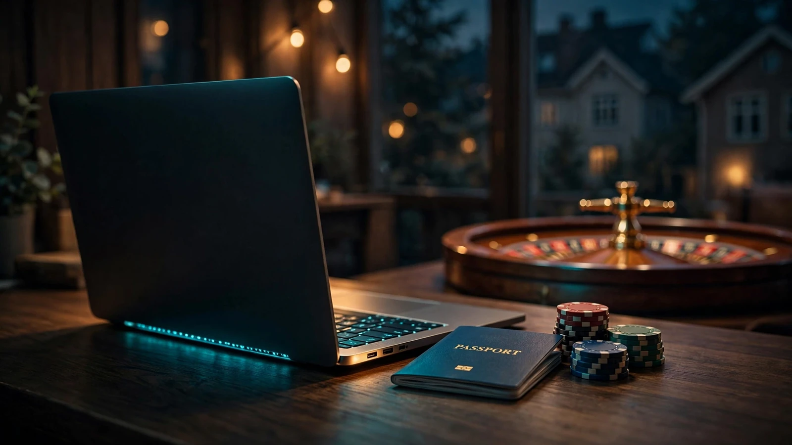 Belyst laptop på skrivbord med casinotema och pass från Curaçao