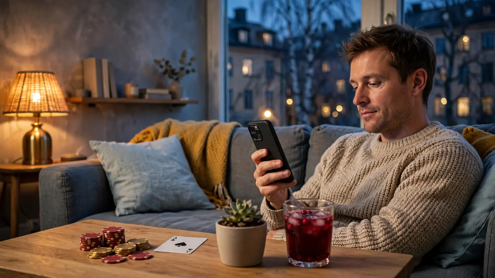 Person i soffa med mobil, casinofärger och mysig svensk hemkänsla