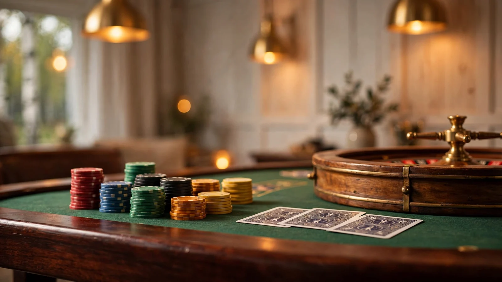 Elegant casinobord med marker, rouletthjul och kort på grön filt
