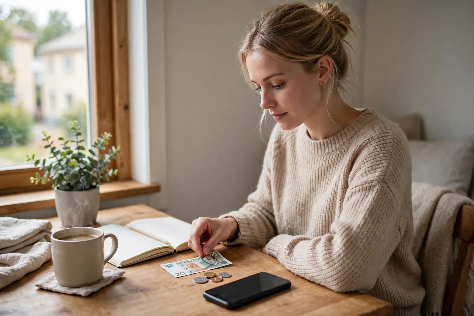 Svensk kvinna vid skrivbord med liten insättning och telefon