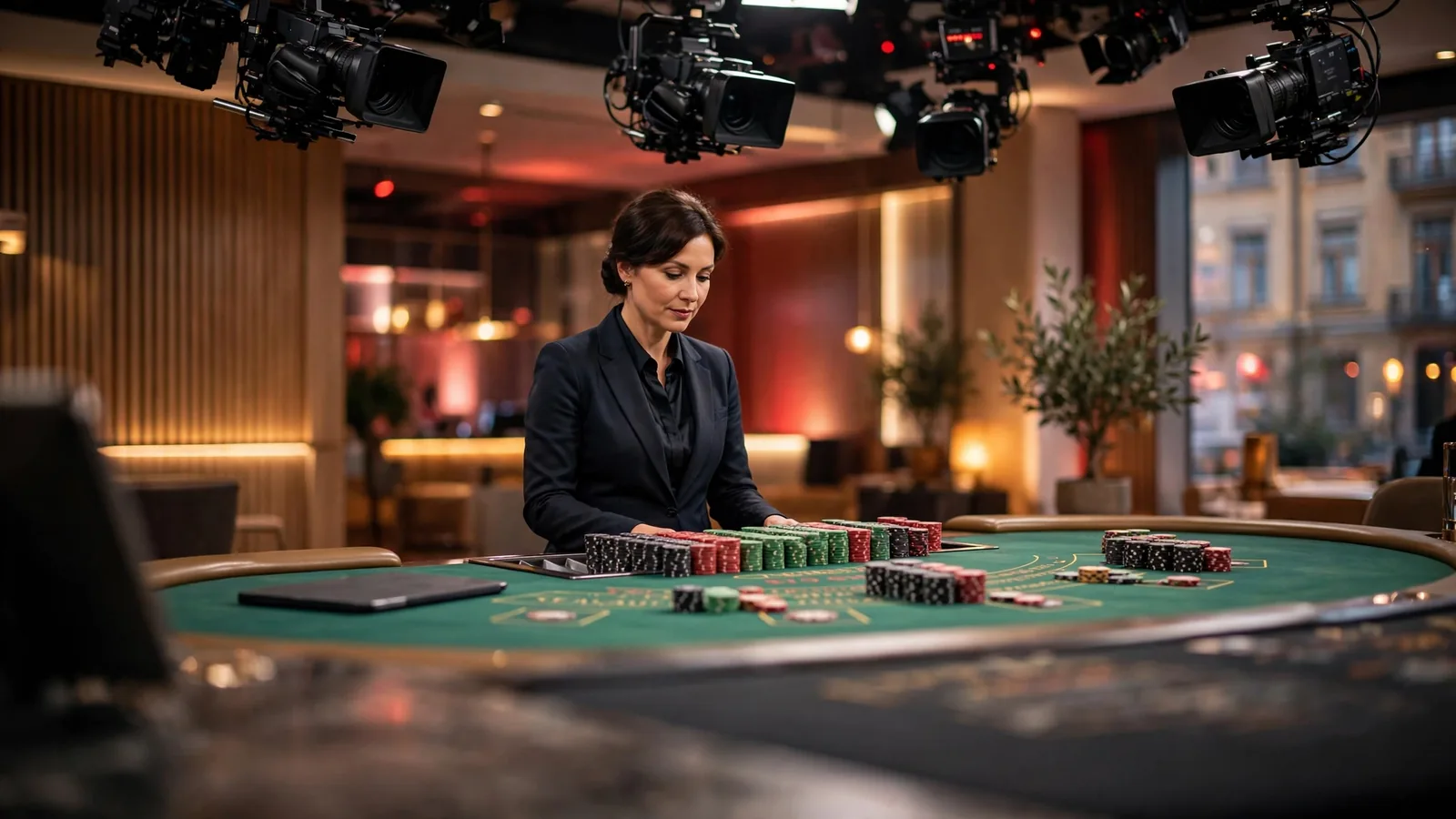 Live dealer studio med professionell dealer vid blackjackbord