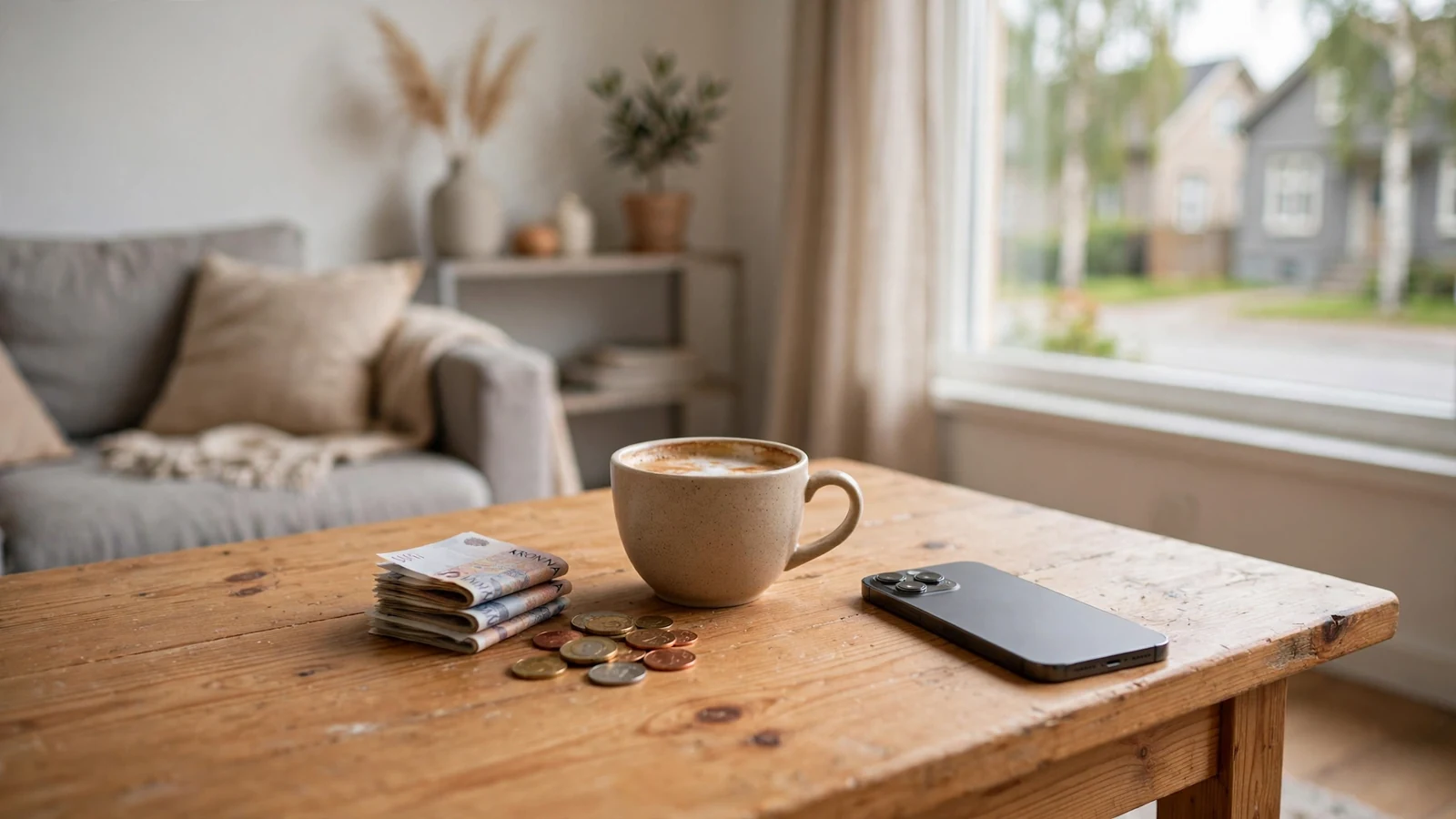 Telefon, kaffekopp och svenska kronor på bordet