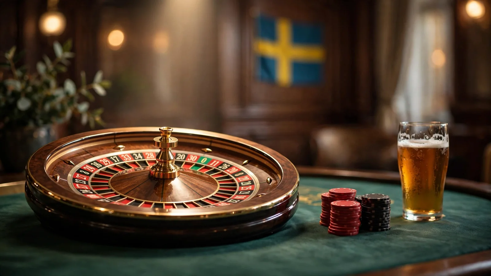 Elegant roulettehjul på casinobord med marker och svensk kontext