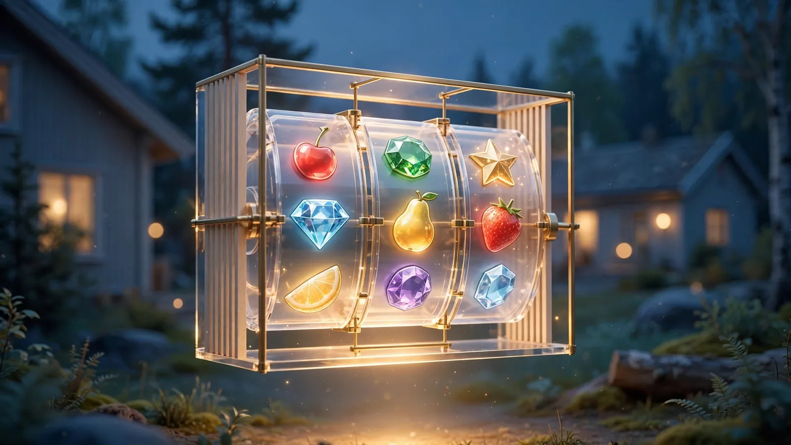 Stiliserad 3D-illustration av en spelautomat med hjul och symboler