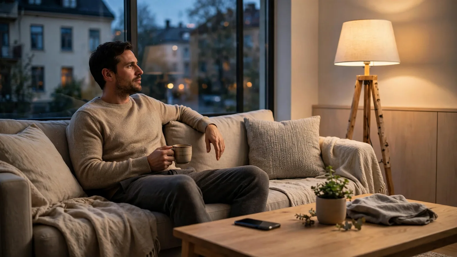 Person som kopplar av i en modern svensk lägenhet med en avstängd smartphone.