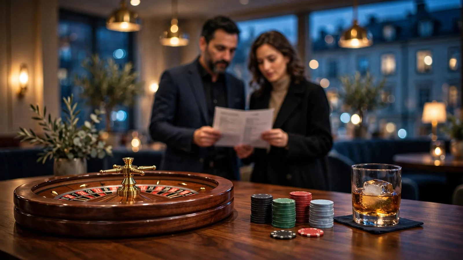 Stilfull casinomiljö i Stockholm med roulettebord och spelare som jämför alternativ