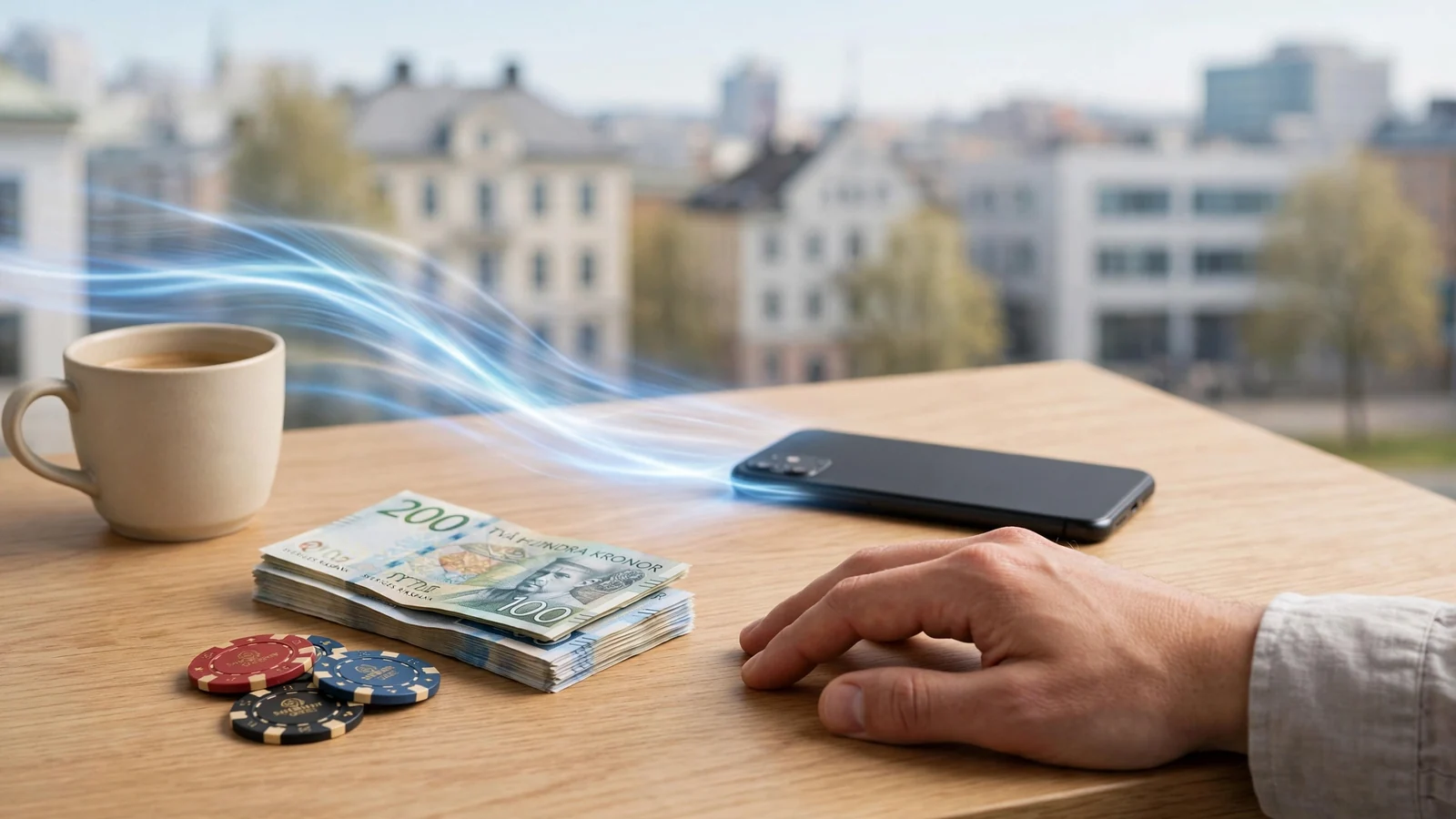 Hand nära telefon med svenska kronor och casinomarker på minimalistiskt nordiskt bord