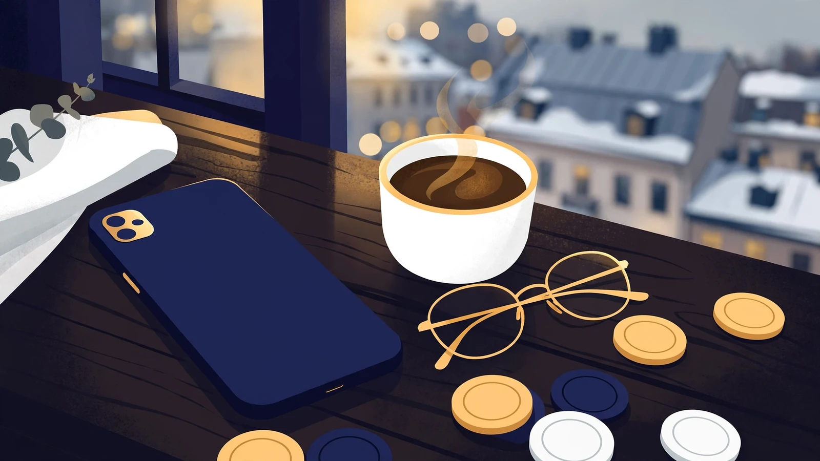 Smartphone med casinokafé och svenskt vinterfönster i bakgrunden