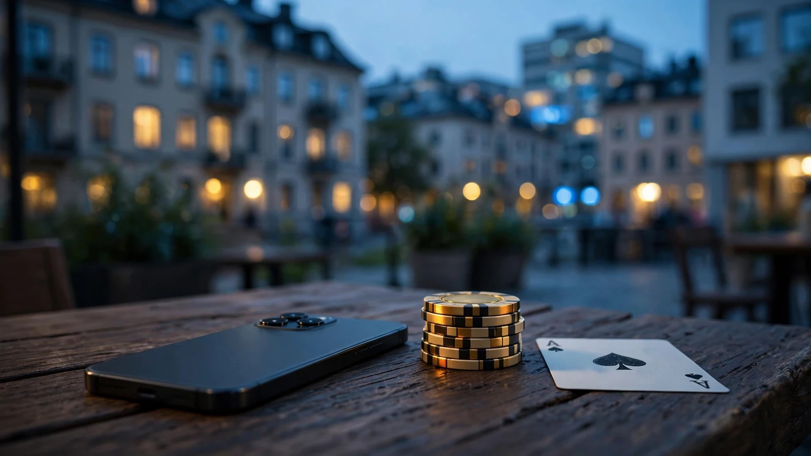 Smartphone med casinotema på bord i svensk kvällsmiljö