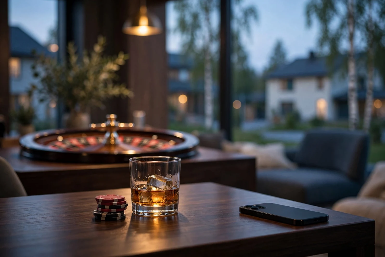 Casinomiljö med marker och roulettebord i modern svensk lounge