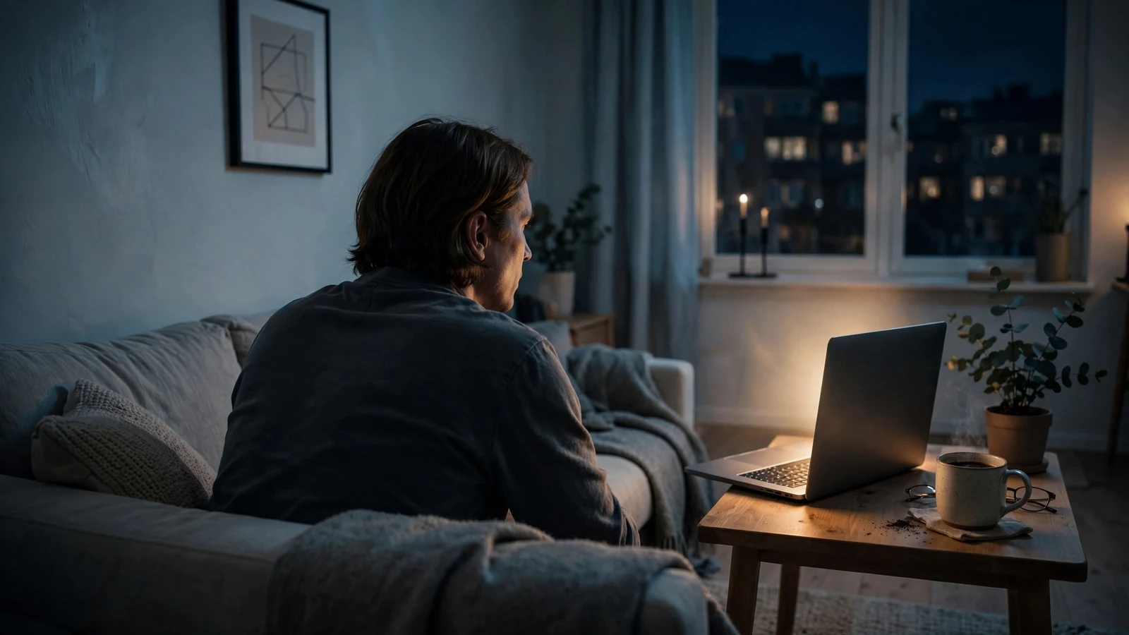 Person i mörk lägenhet framför bärbar dator sent på natten