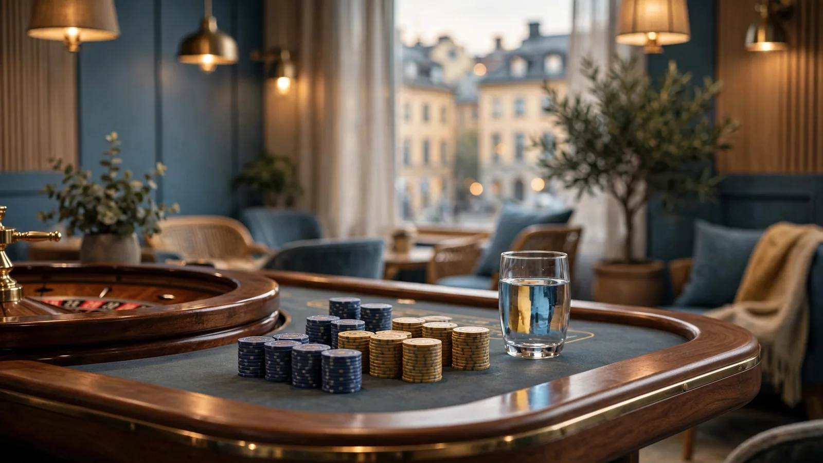 Svenskt casinogolv med roulettebord och spelmarker